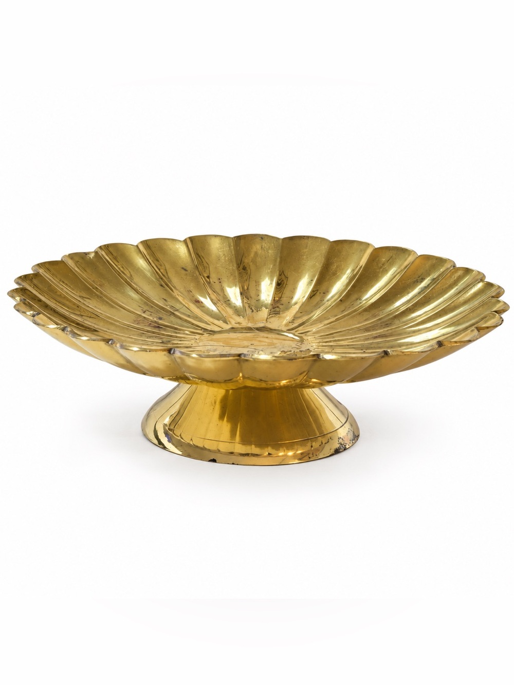 Vintage Brass Footed Pedestal Bowl Scalloped Flower Sunburst Compote India 7.5”